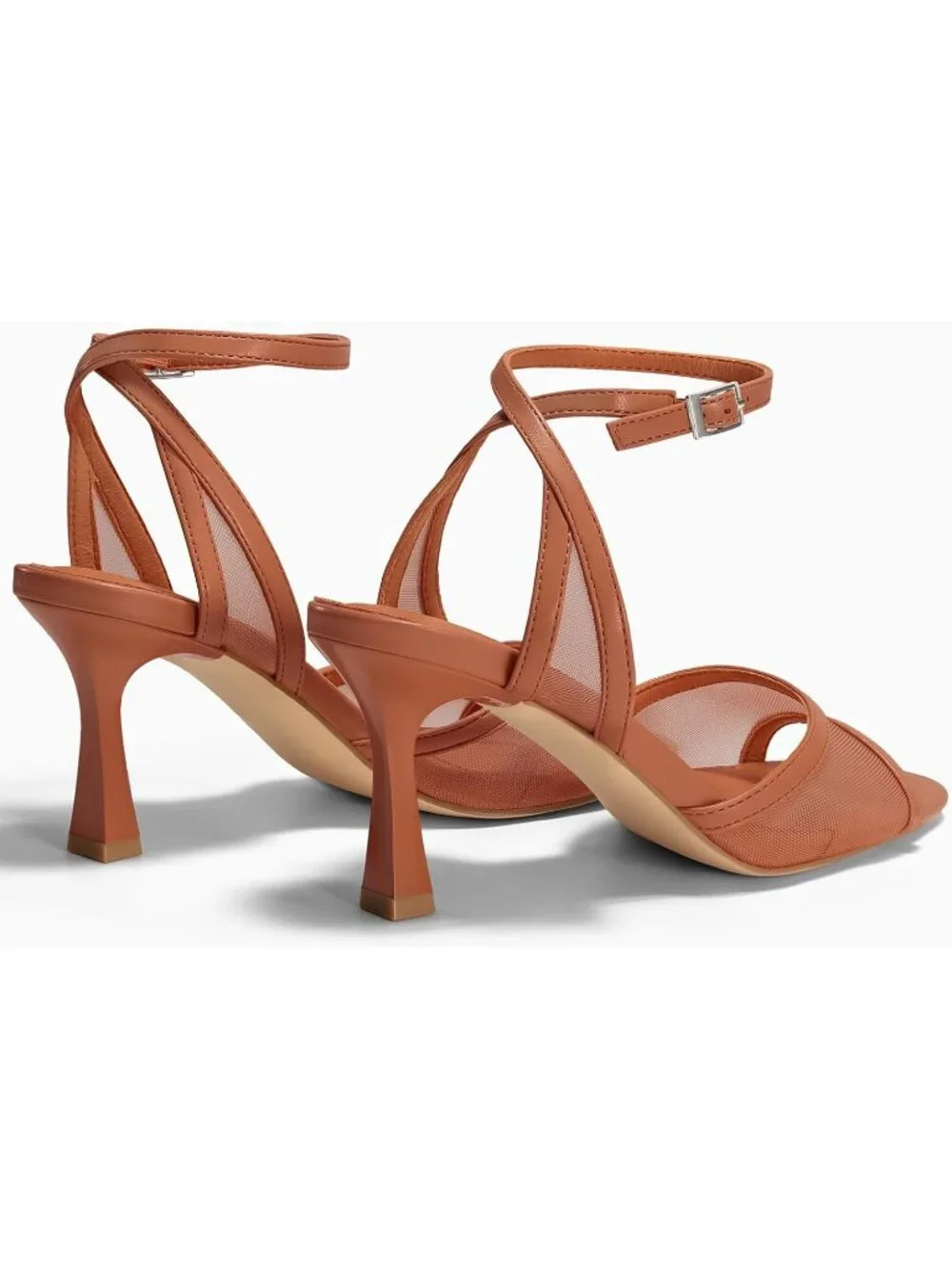 Women's Mesh Brown Summer Pointed Open Toe Ankle Buckle Strap Heeled Sandals